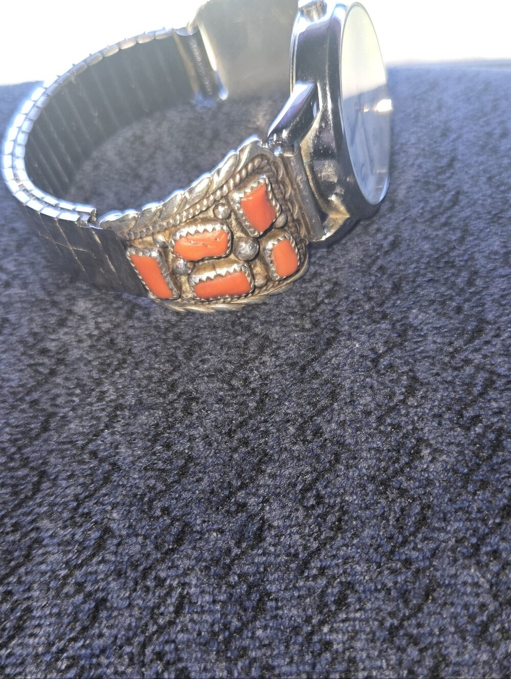 RB Sterling Silver Native American Coral Stones Watchband with Timex Watch - Picture 3 of 5